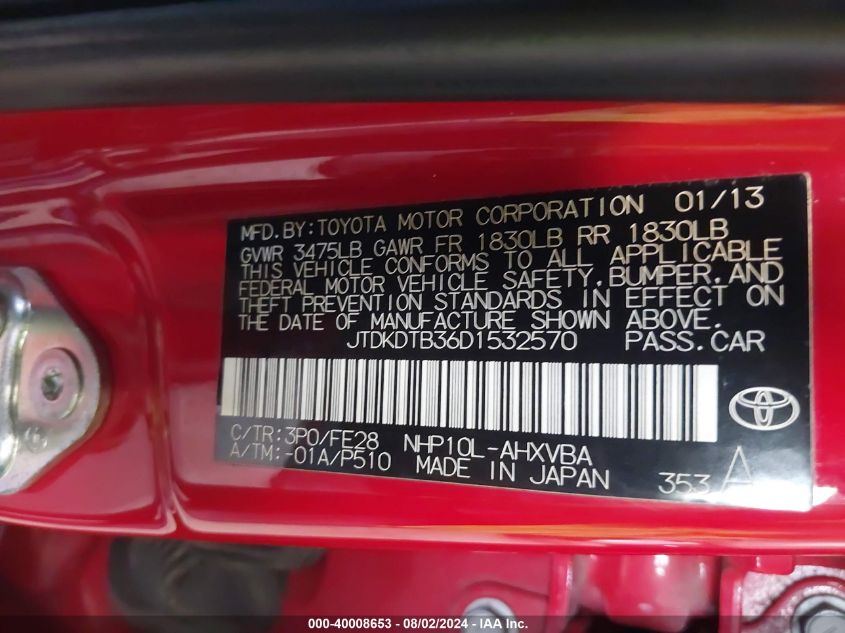 JTDKDTB36D1532570 2013 Toyota Prius C One