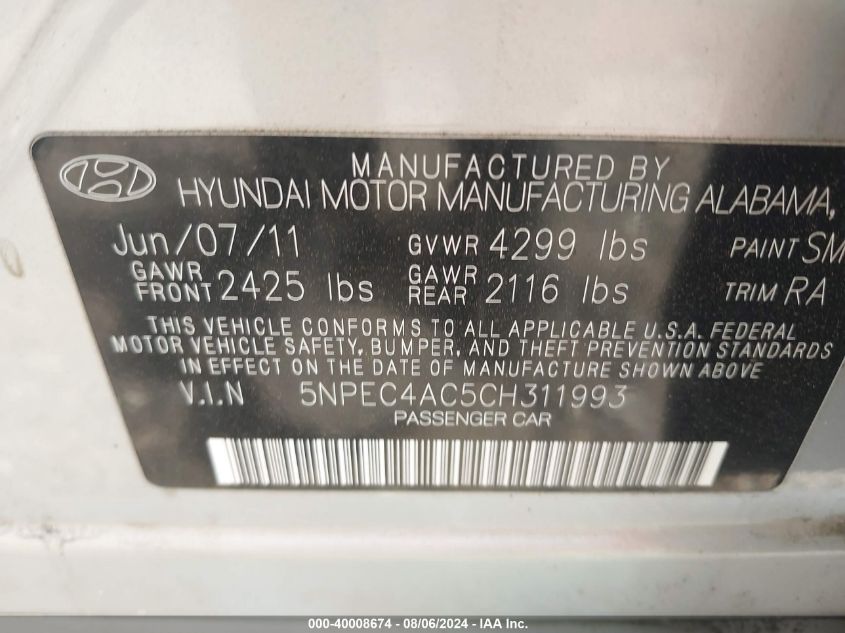 2012 Hyundai Sonata Se VIN: 5NPEC4AC5CH311993 Lot: 40008674