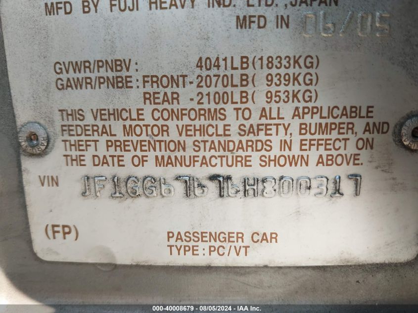 2006 Subaru Impreza 2.5I VIN: JF1GG67676H800317 Lot: 40008679