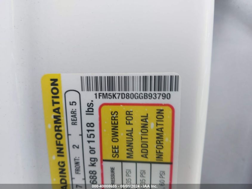 2016 Ford Explorer Xlt VIN: 1FM5K7D80GGB93790 Lot: 40008685