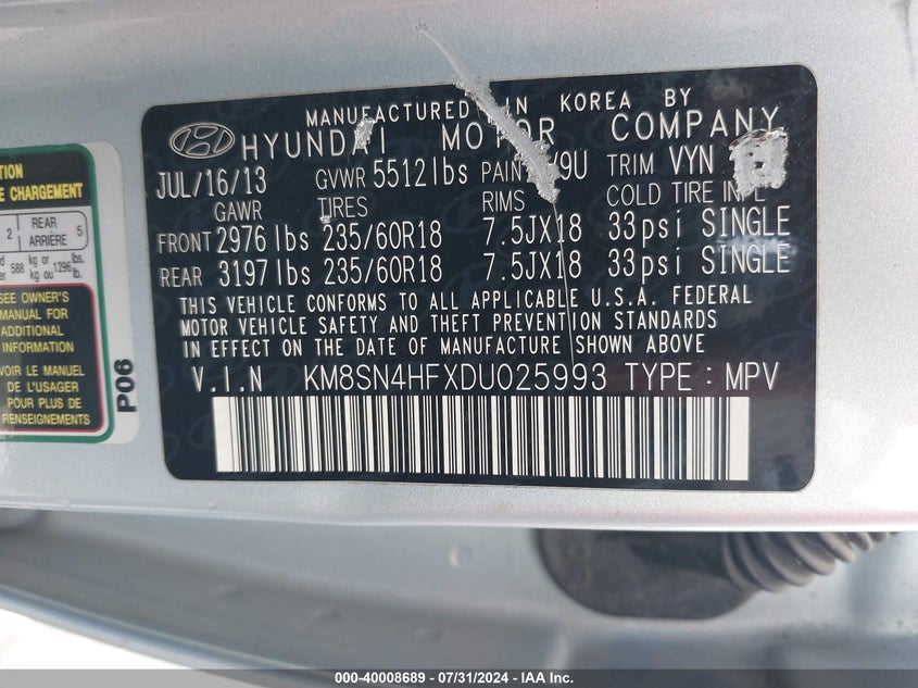 2013 Hyundai Santa Fe Gls VIN: KM8SN4HFXDU025993 Lot: 40008689