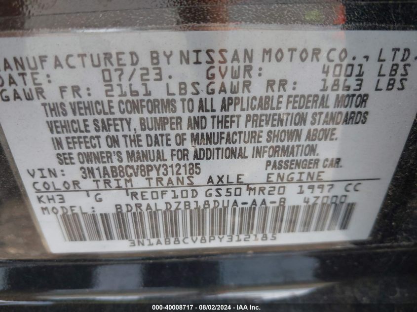 2023 Nissan Sentra Sv Xtronic Cvt VIN: 3N1AB8CV8PY312185 Lot: 40008717