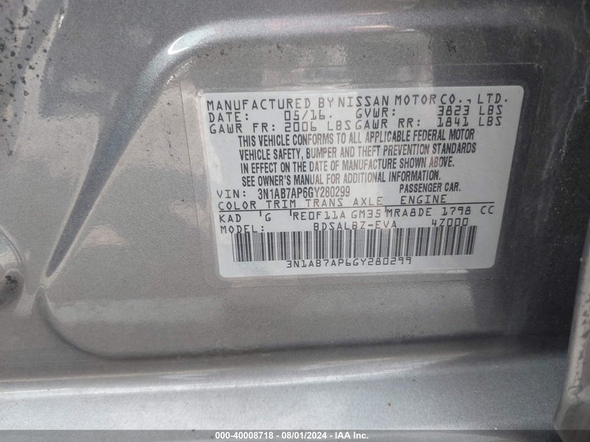 2016 Nissan Sentra S VIN: 3N1AB7AP6GY280299 Lot: 40008718