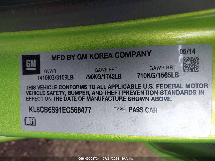 2014 Chevrolet Spark Ls Auto VIN: KL8CB6S91EC566477 Lot: 40008734