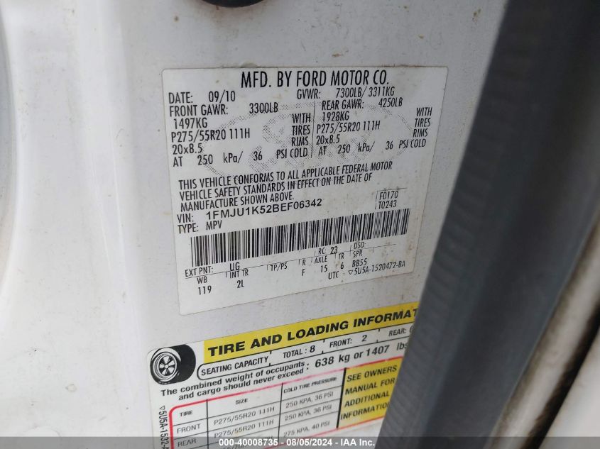 2011 Ford Expedition Limited VIN: 1FMJU1K52BEF06342 Lot: 40008735