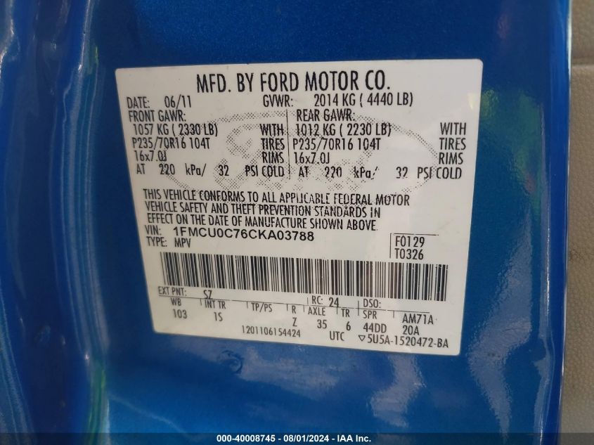 2012 Ford Escape Xls VIN: 1FMCU0C76CKA03788 Lot: 40008745