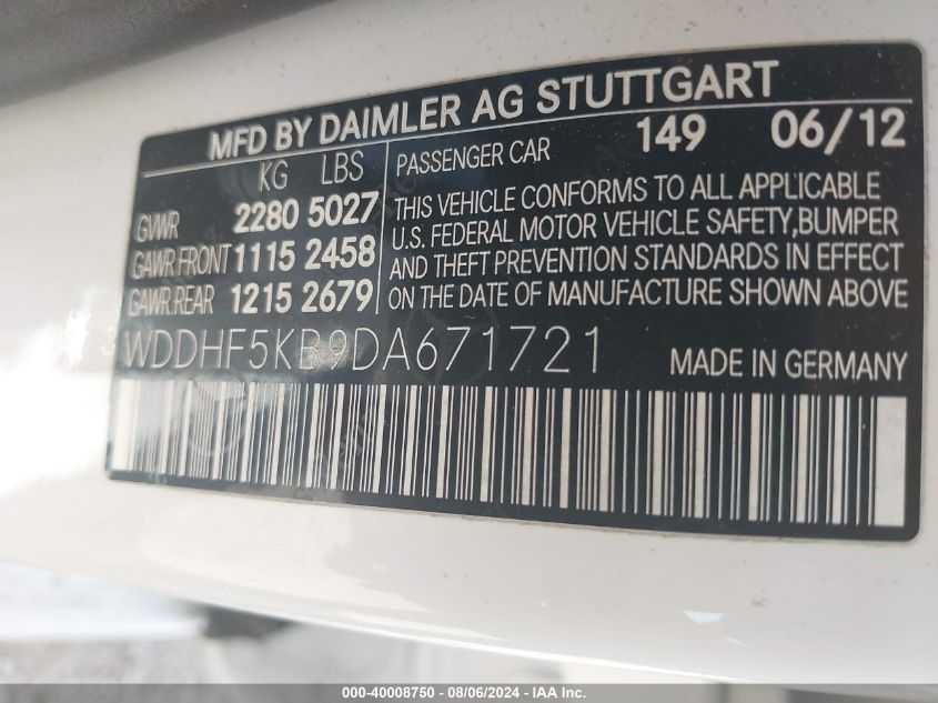 2013 Mercedes-Benz E 350 VIN: WDDHF5KB9DA671721 Lot: 40008750