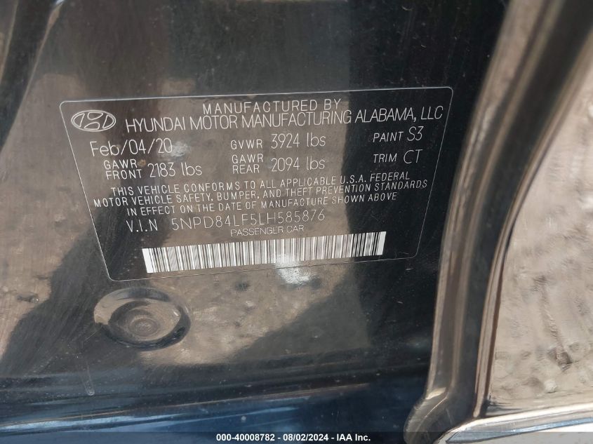 2020 Hyundai Elantra Sel VIN: 5NPD84LF5LH585876 Lot: 40008782