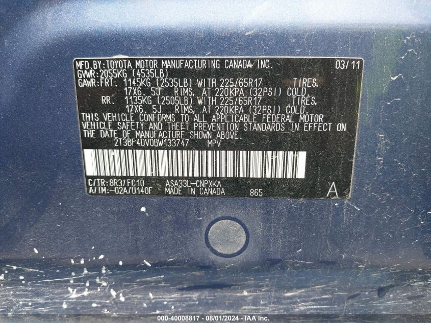 2011 Toyota Rav4 VIN: 2T3BF4DV0BW133747 Lot: 40008817