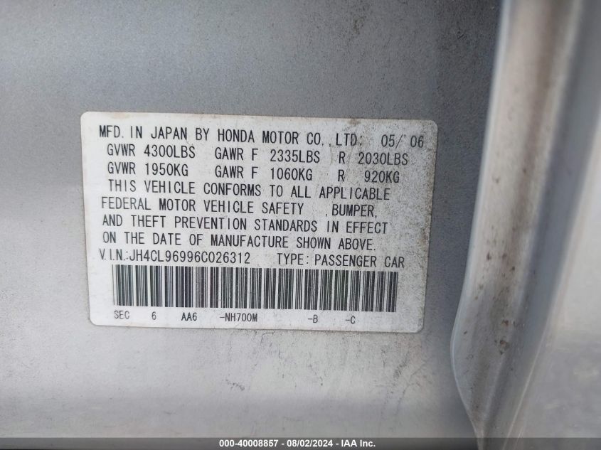 2006 Acura Tsx VIN: JH4CL96996C026312 Lot: 40008857