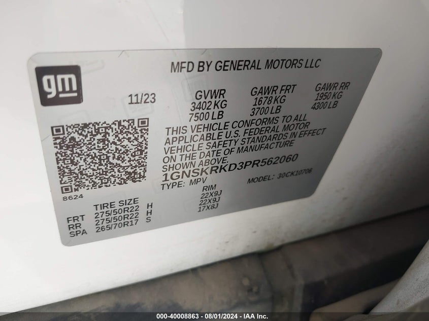 2023 Chevrolet Tahoe 4Wd Rst VIN: 1GNSKRKD3PR562060 Lot: 40008863