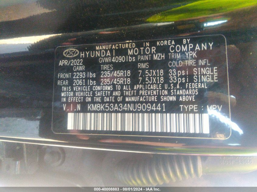2022 Hyundai Kona Limited VIN: KM8K53A34NU909441 Lot: 40008883