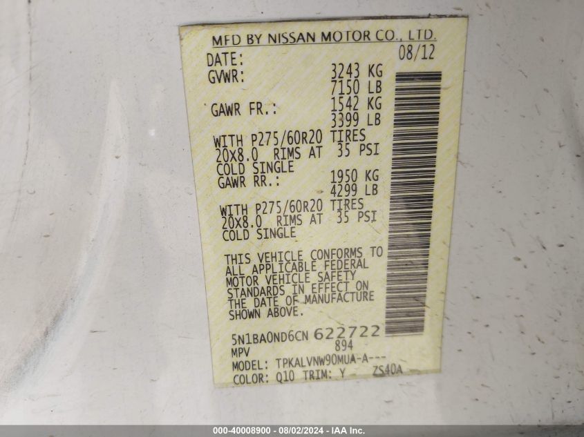 2012 Nissan Armada Sv/Sl/Platinum VIN: 5N1BA0ND6CN622722 Lot: 40008900