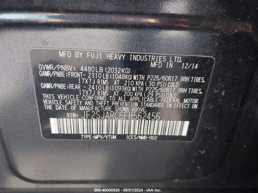 2015 Subaru Forester 2.5I Limited VIN: JF2SJARC6FH562456 Lot: 40008928