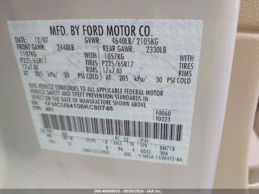 2008 Ford Escape Limited VIN: 1FMCU94108KC80748 Lot: 40008933