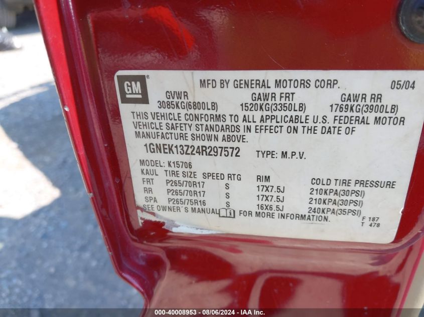 2004 Chevrolet Tahoe Z71 VIN: 1GNEK13Z24R297572 Lot: 40008953