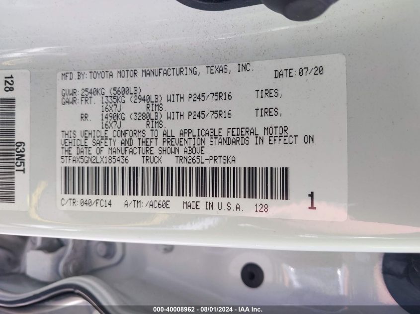 2020 Toyota Tacoma Sr5 VIN: 5TFAX5GN2LX185436 Lot: 40008962