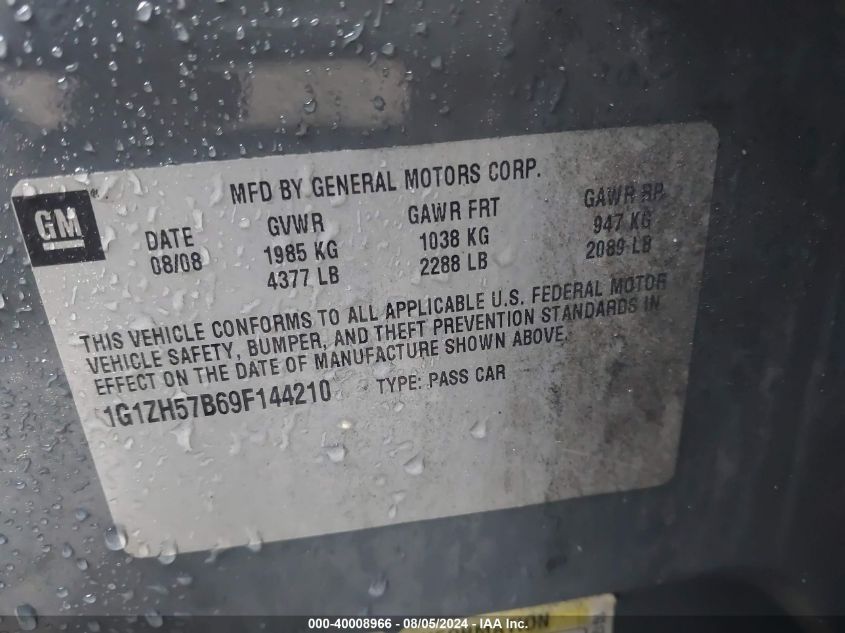 2009 Chevrolet Malibu Lt VIN: 1G1ZH57B69F144210 Lot: 40008966