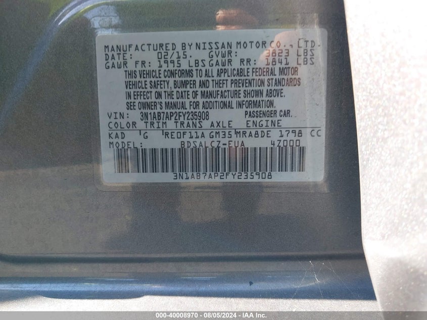 2015 Nissan Sentra Fe+ S/S/Sl/Sr/Sv VIN: 3N1AB7AP2FY235908 Lot: 40008970