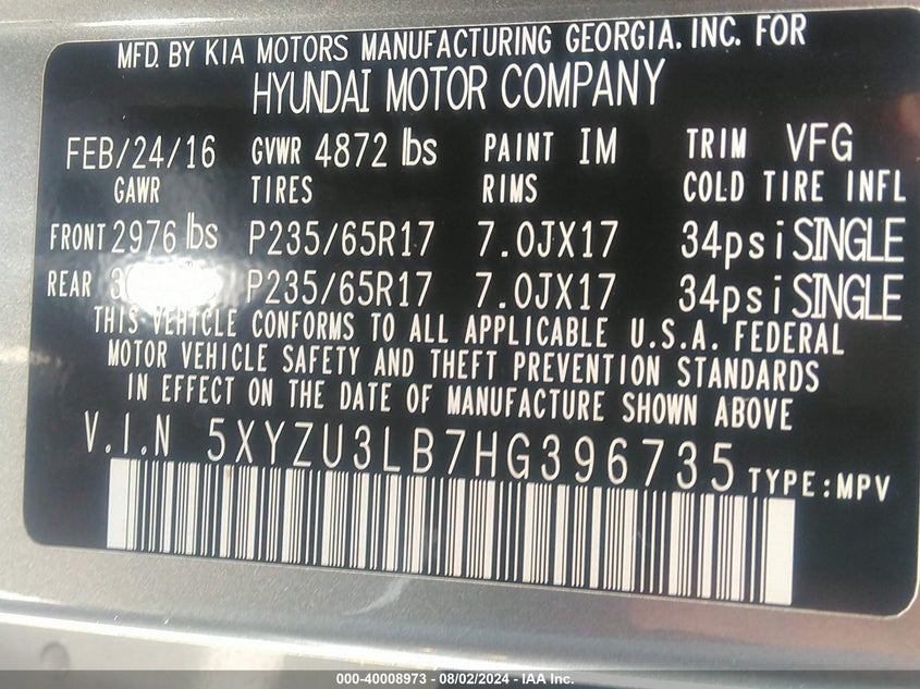 2017 Hyundai Santa Fe Sport VIN: 5XYZU3LB7HG396735 Lot: 40008973