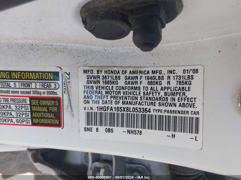 2008 Honda Civic Lx VIN: 1HGFA165X8L053364 Lot: 40008981