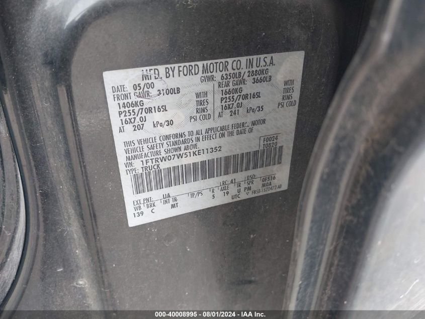 2001 Ford F-150 Harley-Davidson Edition/King Ranch Edition/Lariat/Xlt VIN: 1FTRW07W51KE11352 Lot: 40008995
