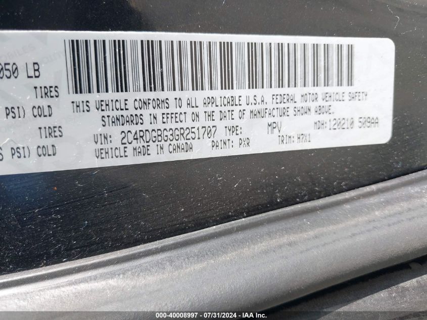 2016 Dodge Grand Caravan Se VIN: 2C4RDGBG3GR251707 Lot: 40008997