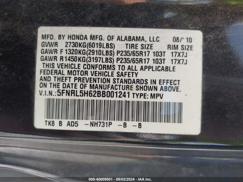 2011 Honda Odyssey Ex-L VIN: 5FNRL5H62BB001241 Lot: 40009001