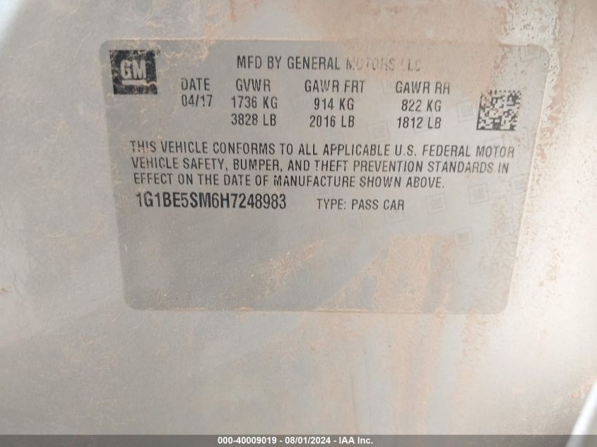 2017 Chevrolet Cruze Lt Auto VIN: 1G1BE5SM6H7248983 Lot: 40009019