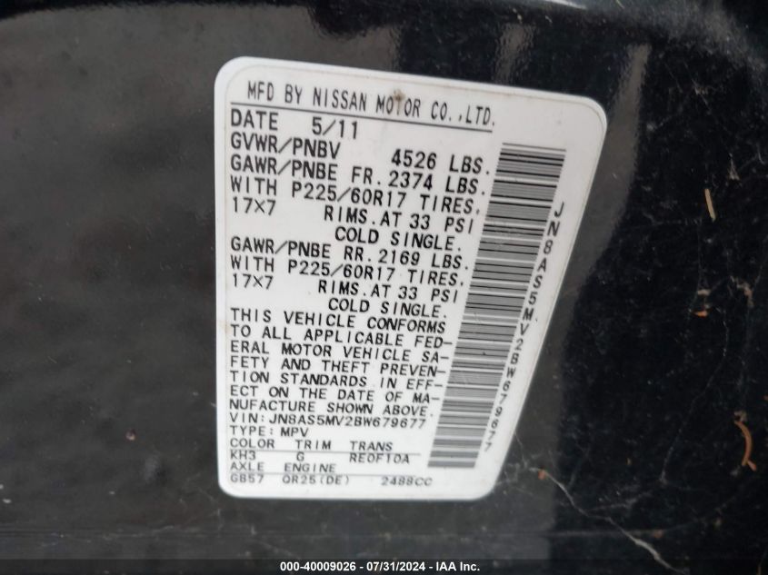 2011 Nissan Rogue Sv VIN: JN8AS5MV2BW679677 Lot: 40009026
