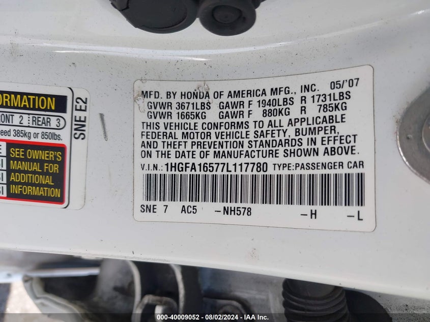 2007 Honda Civic Lx VIN: 1HGFA16577L117780 Lot: 40009052