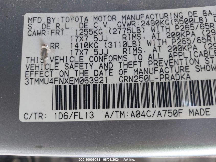 2014 Toyota Tacoma Base V6 VIN: 3TMMU4FNXEM063921 Lot: 40009063