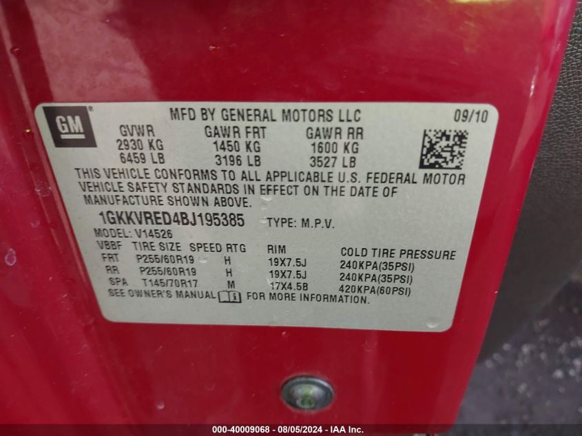 2011 GMC Acadia Slt-1 VIN: 1GKKVRED4BJ195385 Lot: 40009068