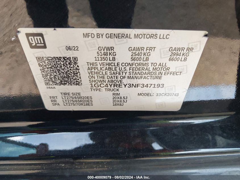 2022 Chevrolet Silverado K2500 High Country VIN: 1GC4YREY3NF347193 Lot: 40009079