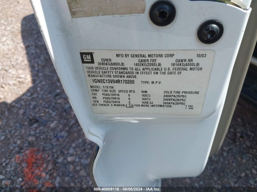 2004 Chevrolet Tahoe Ls VIN: 1GNEC13V94R170280 Lot: 40009116