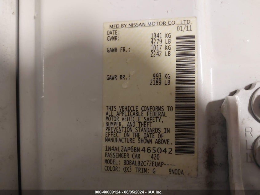 2011 Nissan Altima 2.5 S VIN: 1N4AL2AP6BN465042 Lot: 40009124