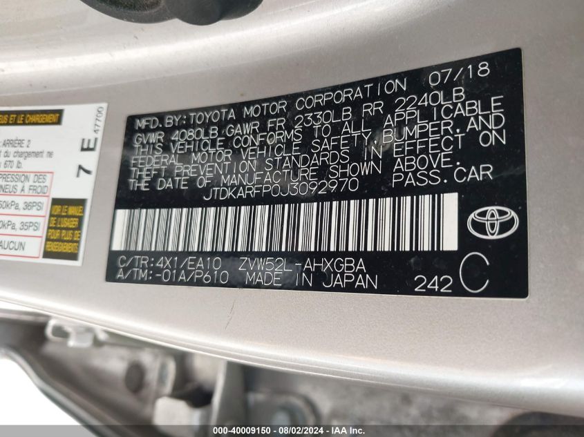 2018 Toyota Prius Prime Advanced/Plus/Premium VIN: JTDKARFP0J3092970 Lot: 40009150