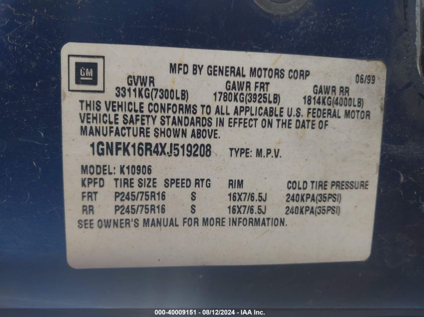 1999 Chevrolet Suburban K1500 VIN: 1GNFK16R4XJ519208 Lot: 40009151