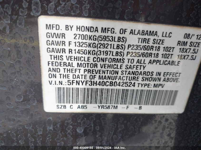 2012 Honda Pilot Ex VIN: 5FNYF3H40CB042524 Lot: 40009185