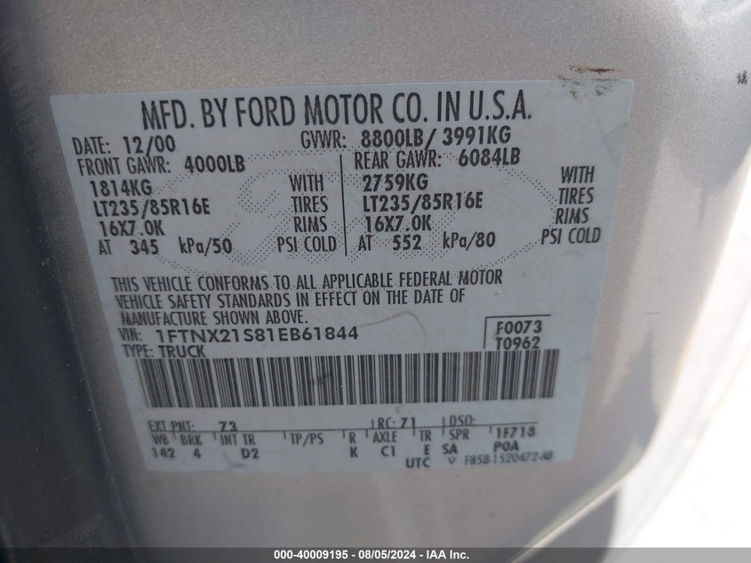2001 Ford F250 Super Duty VIN: 1FTNX21S81EB61844 Lot: 40009195