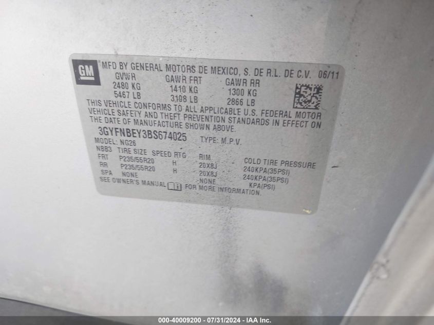 2011 Cadillac Srx Performance Collection VIN: 3GYFNBEY3BS674025 Lot: 40009200