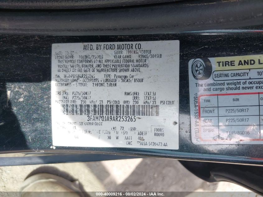 2010 Ford Fusion Sel VIN: 3FAHP0JA9AR253265 Lot: 40009216