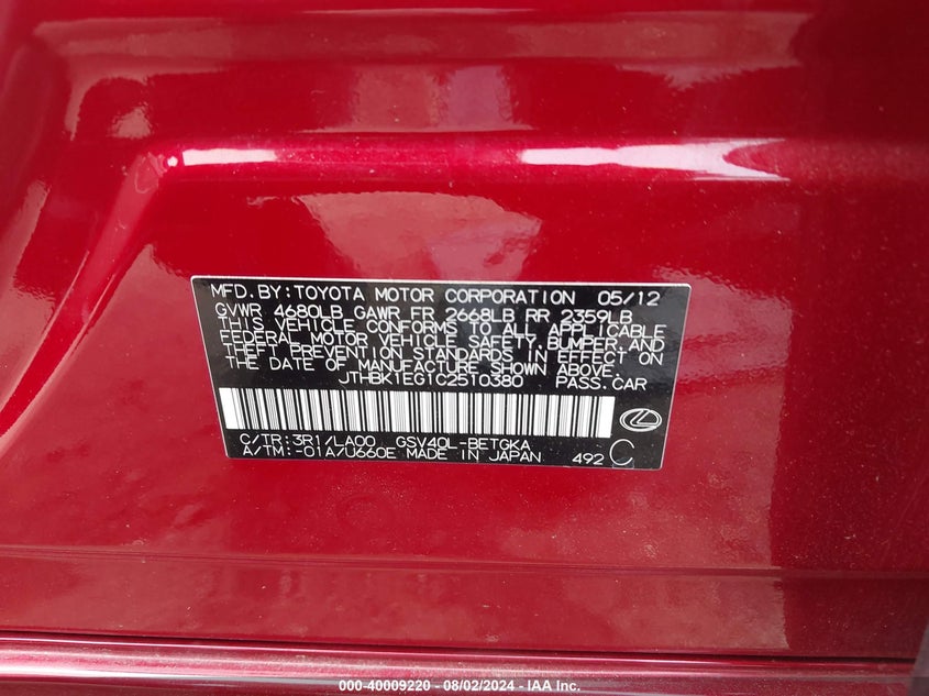 2012 Lexus Es 350 VIN: JTHBK1EG1C2510380 Lot: 40009220