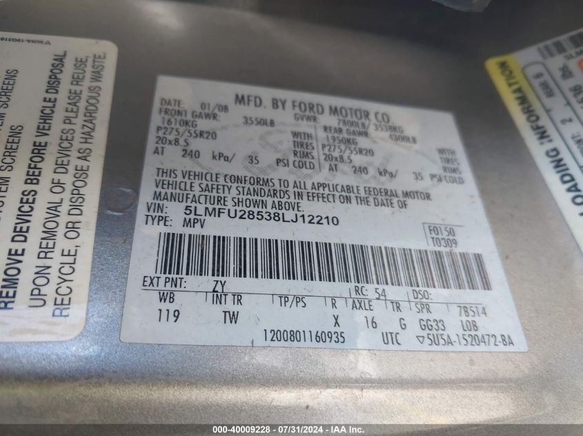 2008 Lincoln Navigator VIN: 5LMFU28538LJ12210 Lot: 40009228