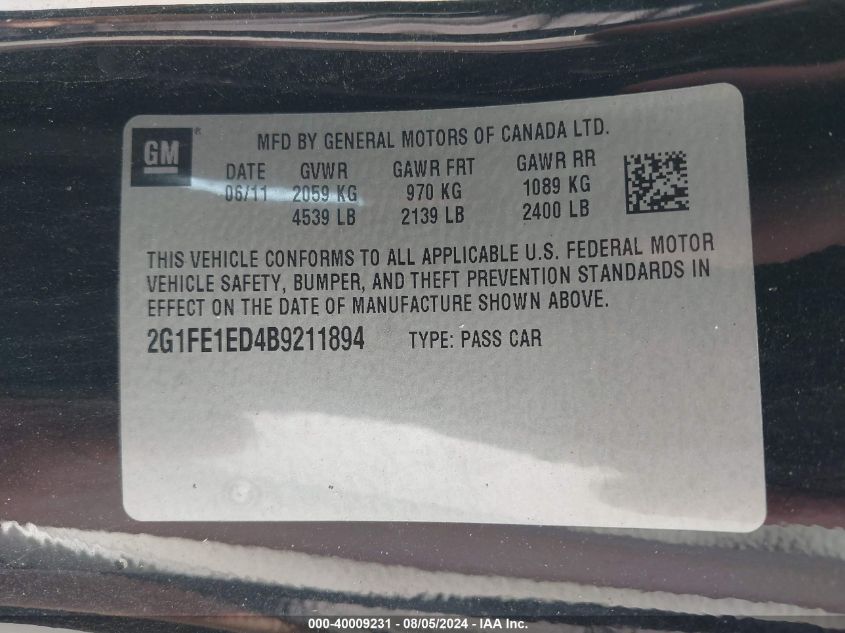 2011 Chevrolet Camaro Ls VIN: 2G1FE1ED4B9211894 Lot: 40009231