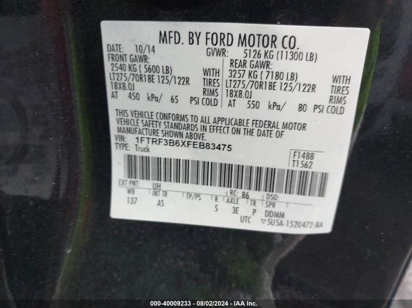 2015 Ford F-350 Xl VIN: 1FTRF3B6XFEB83475 Lot: 40009233