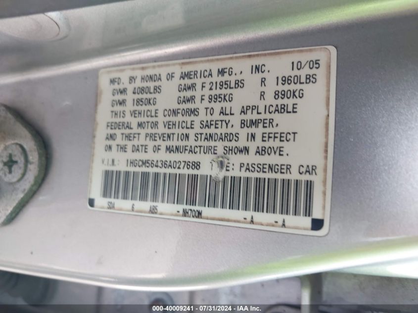 2006 Honda Accord 2.4 Lx VIN: 1HGCM56436A027688 Lot: 40009241