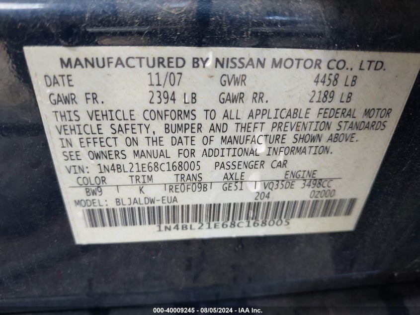 2008 Nissan Altima 3.5Se/3.5Sl VIN: 1N4BL21E68C168005 Lot: 40009245