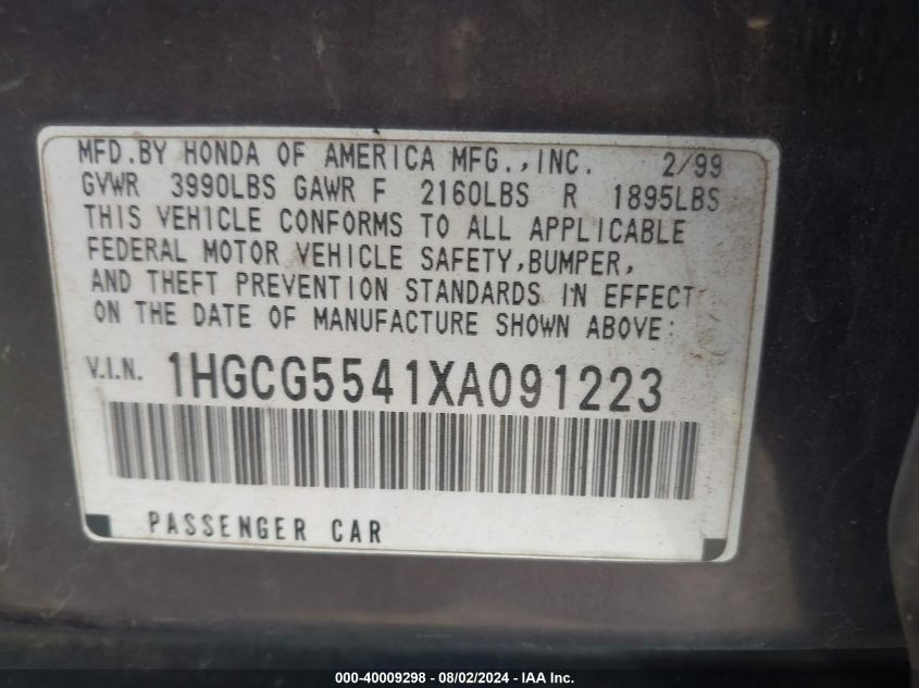 1999 Honda Accord Lx VIN: 1HGCG5541XA091223 Lot: 40009298
