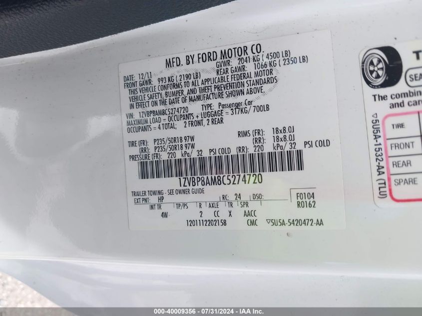 2012 Ford Mustang V6 Premium VIN: 1ZVBP8AM8C5274720 Lot: 40009356